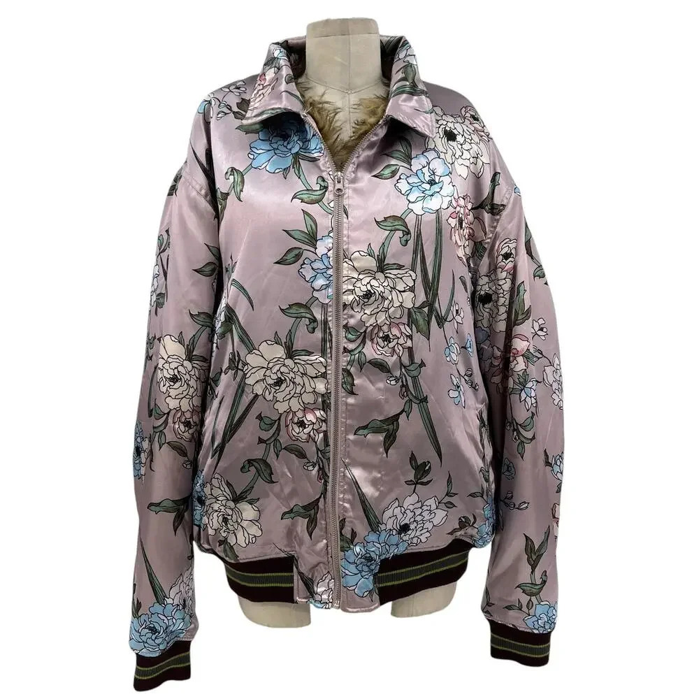 Urban Outfitters Floral Satin Faux Fur Lined Bomber Jacket Coat Men's Size XL
